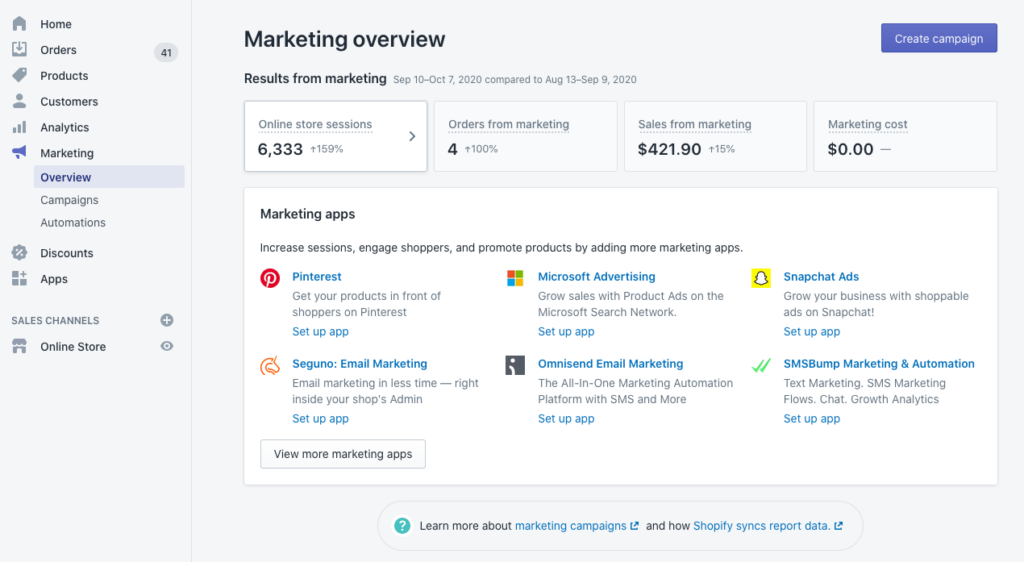 View of the Shopify Marketing dashboard showing marketing results and available marketing apps